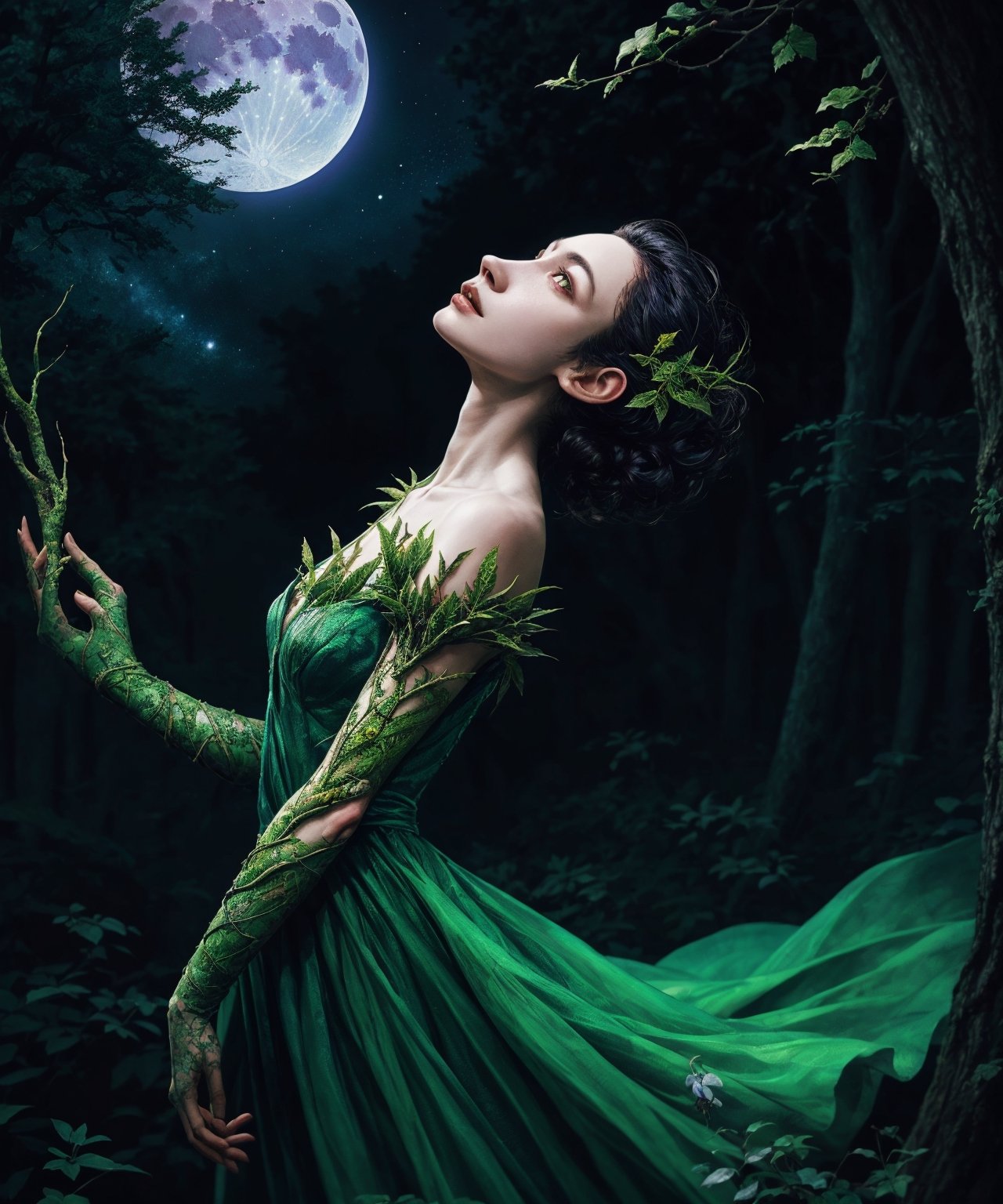 tree spirit female dryad  walking through a moonlit forest, low angle shot, looking up to the stary sky, style of artgerm ,WLOP,sakimichan, Vitaly Morozov , android jones,Justin Totemical trending on Artstation