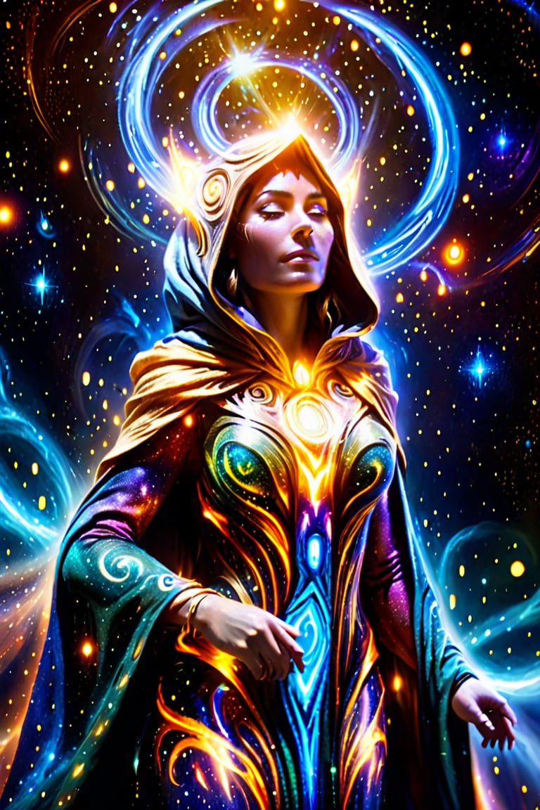 a female space shaman shrouded in cloak of light and stars,galaxy,space,portals,light being,stars,enchanted,fantasy,visionary art