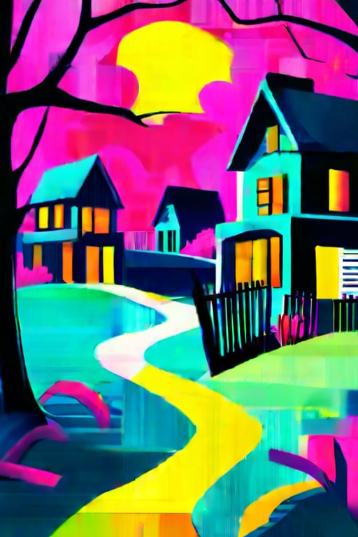 Flat art , 6 colors. Heavy line weight. Illustration scene  of a Halloween village  environment. 