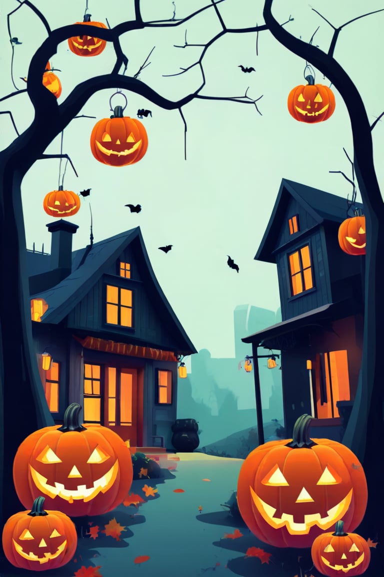 Flat art , 4 colors. Heavy line weight. Illustration scene  of a Halloween village  environment. Simplistic.  Minimalistic.  Cute image. Sfw, pumpkins. Spider webs. Halloween  color palette. Vibrant color. Vector art illustration 