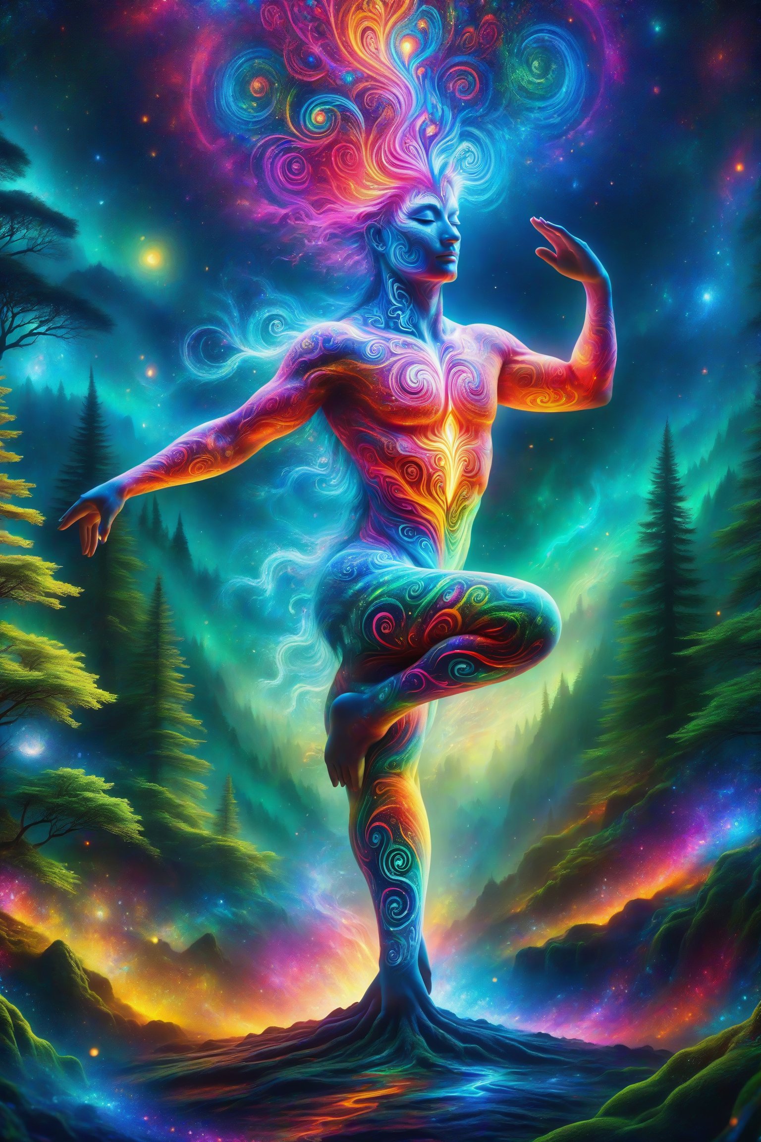 this person sits in a forest and transcends their ego mind and opens up to the spirit realm surrounding them. human in meditation, fractals, vivid color, "Visionary art is art that purports to transcend the physical world and portray a wider vision of awareness including spiritual or mystical themes, or is based in such experiences." , psychedelic visionary art ,animal spirits, ,spirits,spirit guides, , . Shamanic visions , ayahuasca visions . Spirit realm, metaphysical realm, esoteric,style, full body human,medium shot, perfect anatomy , psychedelic landscape surrounding the person , (masterpiece, best quality, ultra-detailed), (perfect hands, perfect anatomy), High detailed, detailed background, anatomically correct, beautiful face, detailed hands, perfect eyes, expressive eyes, score_9, score_8_up, score_7_up, best quality, masterpiece, 4k,visionary art,ULTIMATE LOGO MAKER [XL],bl4ckl1ghtxl