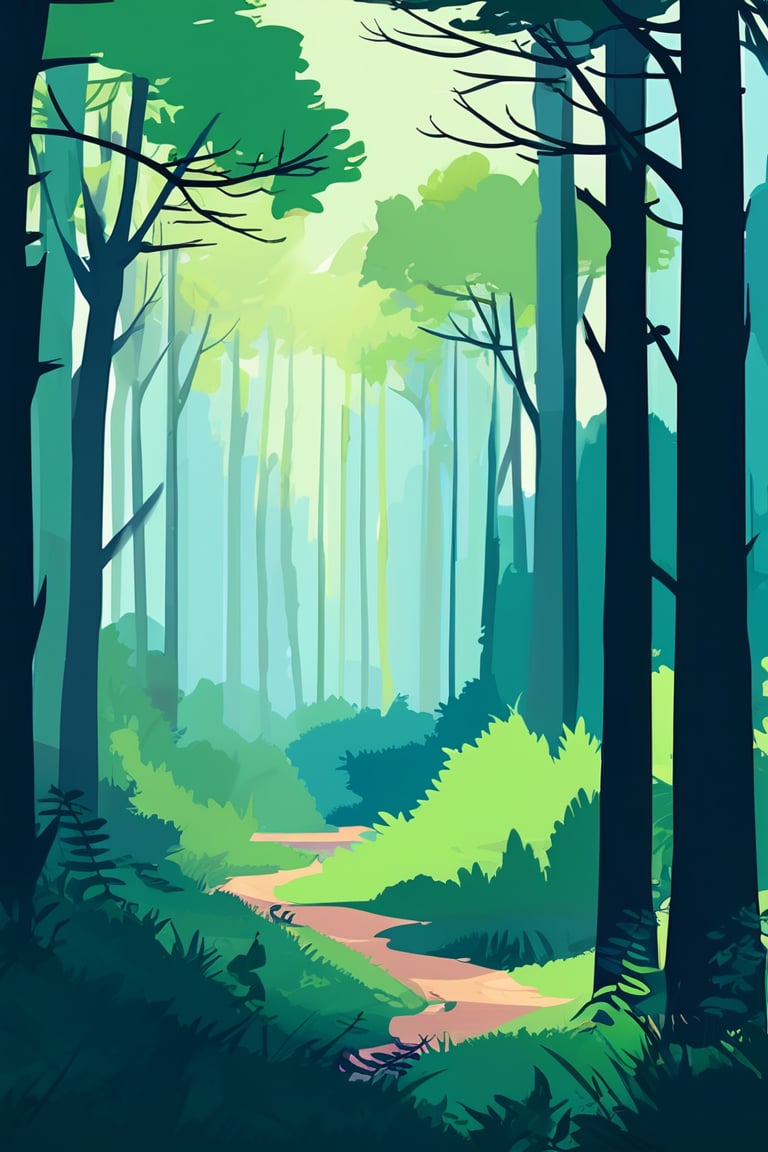 Flat art , 6 colors. Heavy line weight. Illustration scene  of a old growth forest  environment. Simplistic.  Minimalistic.   Spider webs. Vibrant color.  no shading . No highlights . Flat art