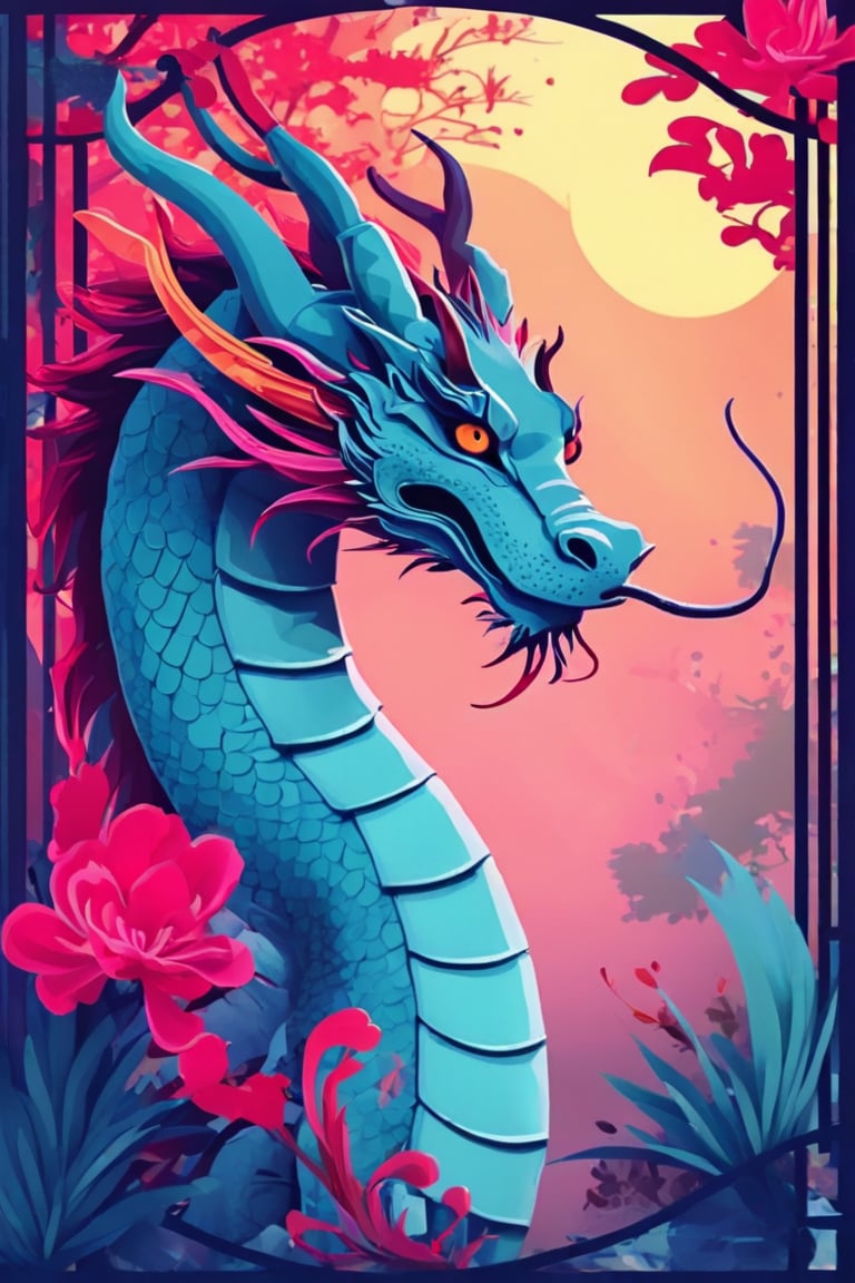 Flat art , 6 colors. Heavy line weight. Illustration scene ,Pop Art Close-up shot of aa chinese dragon  The scene is framed within a out of focus garden background that fades , . Simplistic.  Minimalistic.    Vibrant color.  no shading . No highlights . Flat art