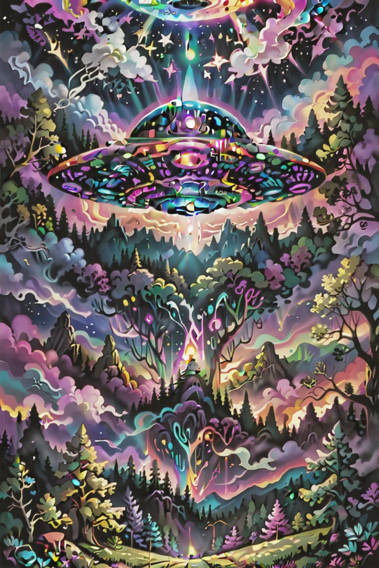 
 psychedelic visionary art. Spirit realm, metaphysical realm, esoteric,style, ufo,medium shot,  a ufo hovers above a forest with the night sky behind it, , psychedelic , (masterpiece, best quality, ultra-detailed), High detailed, detailed background,, score_9, score_8_up, score_7_up, best quality, masterpiece, 4k,ULTIMATE LOGO MAKER [XL],DonMB4nsh33XL neon highlights,,visionary art