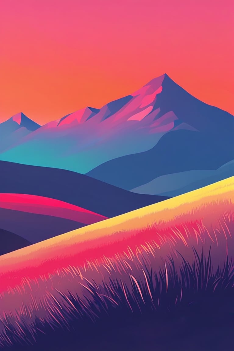 Flat art , 6 colors. Heavy line weight. Illustration scene  of a grassland with mountains in the distance environment. Simplistic.  Minimalistic.  Vibrant color.  no shading . No highlights . Flat art