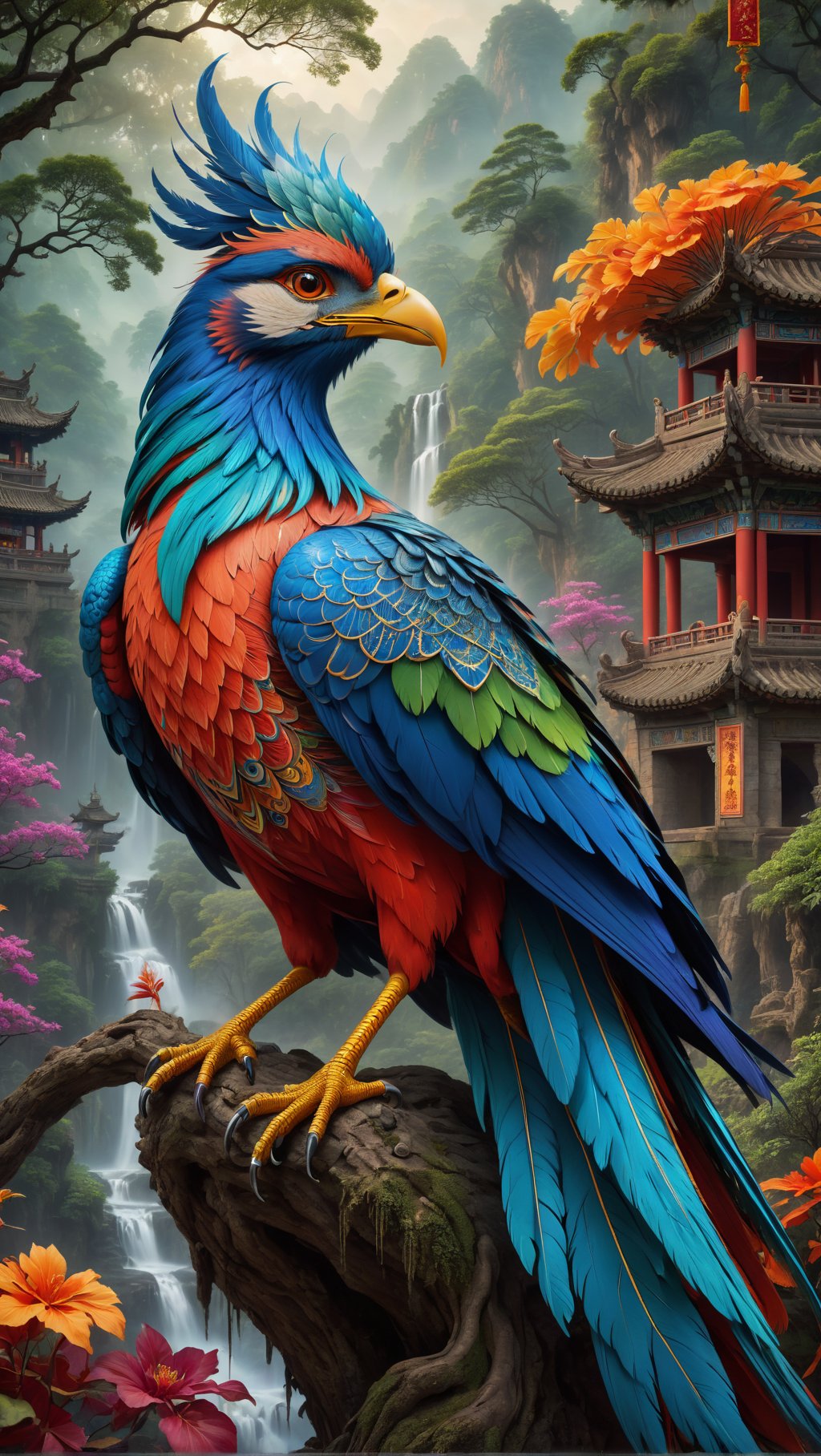 a FengHuang sits in a forest and transcends  and opens up to the spirit realm surrounding them., fractals, vivid color, 
"Visionary art is art that purports to transcend the physical world and portray a wider vision of awareness including spiritual or mystical themes, or is based in such experiences." , psychedelic visionary art ,animal spirits, ,spirits,spirit guides, , . Shamanic visions , ayahuasca visions . Spirit realm, metaphysical realm, esoteric,style, full body FengHuang,medium shot, perfect anatomy of the Chinese mythological bird  , psychedelic landscape surrounding the FengHuang , (masterpiece, best quality, ultra-detailed), (perfect hands, perfect anatomy), High detailed, detailed background, anatomically correct, beautiful  detailed feathers perfect eyes, expressive eyes, score_9, score_8_up, score_7_up, best quality, masterpiece, 4k,visionary art 4k,ULTIMATE LOGO MAKER [XL],DonMB4nsh33XL 