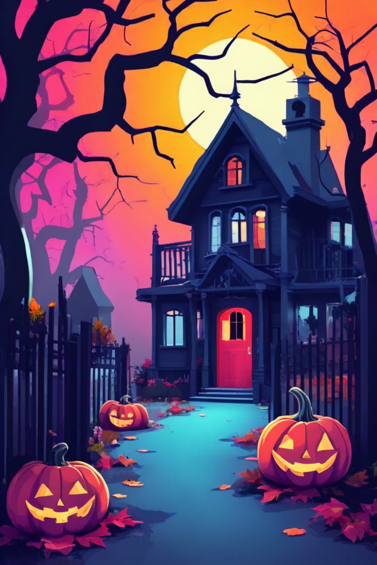 Flat art , 6 colors. Heavy line weight. Illustration scene  of a Halloween village  environment. Simplistic.  Minimalistic.  Cute image. Sfw, pumpkins. Spider webs. Halloween  color palette. Vibrant color. 