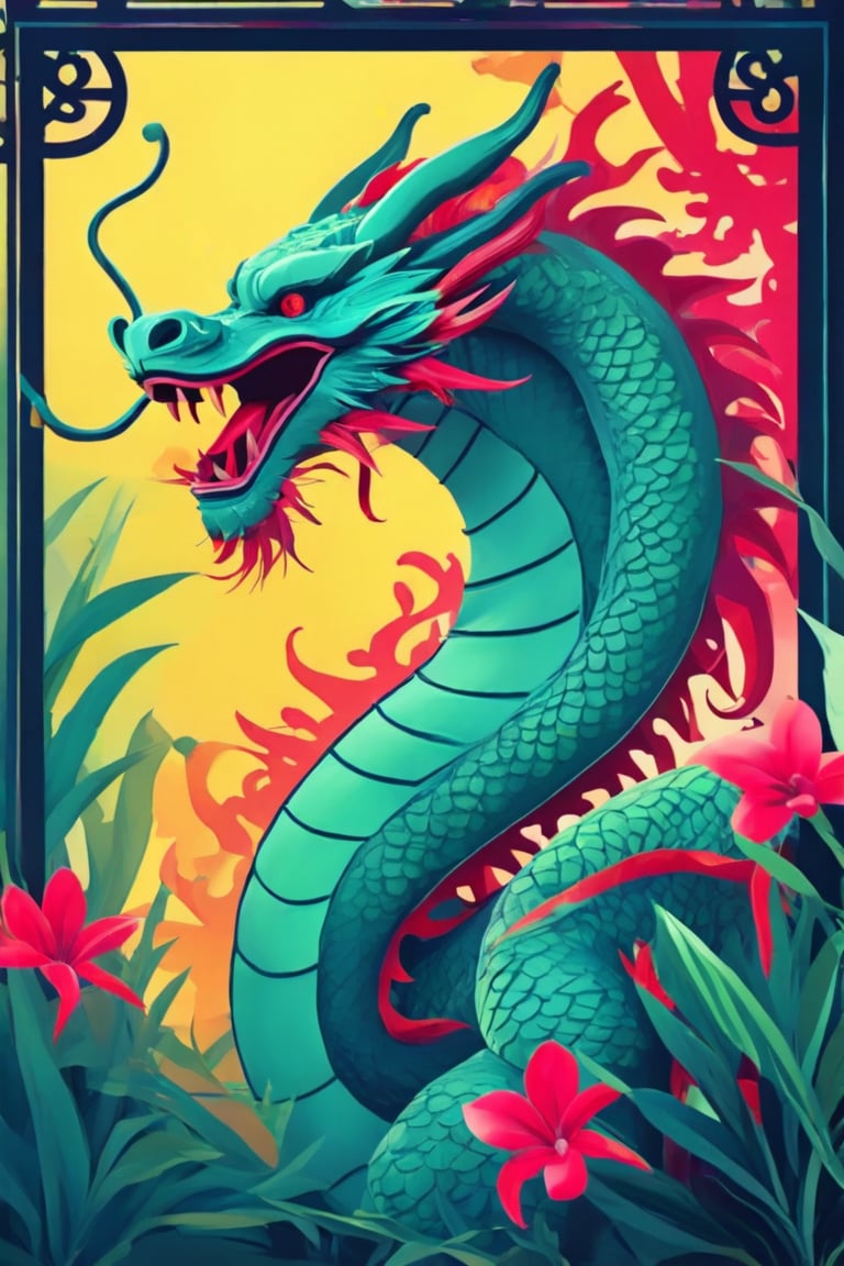 Flat art , 6 colors. Heavy line weight. Illustration scene ,Pop Art Close-up shot of aa chinese dragon  The scene is framed within a out of focus garden background that fades , . Simplistic.  Minimalistic.    Vibrant color.  no shading . No highlights . Flat art