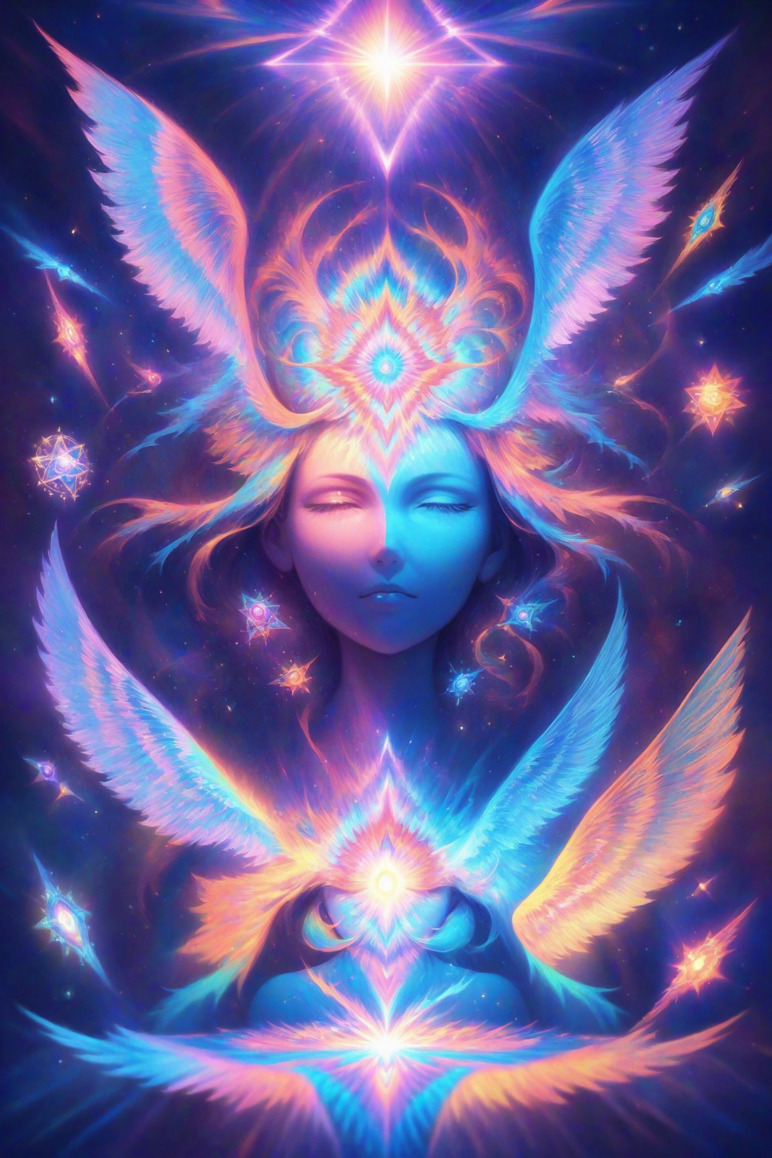  visionary art ,pen art, (symmetrical), spirit guide among a matrix of energy and light,bl4ckl1ghtxl,,transparent caustics light ,epic composition,universal energy, uv pastel colours, sacred geometry, divine being in the comsic astral matrix of another reality,