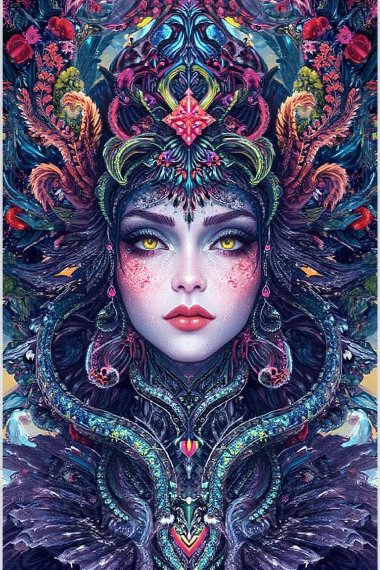 visionary art ,pen art,Dark Dramatic Ancient Elegant dark Goddess of the night , woman seen from the waist up, by Anna Dittmann and android jones,perfectly symmetrical image,Vibrant, In Watercolour,pen art, visionary art, symmetrical, beautiful detailed eyes (masterpiece, best quality, ultra-detailed), (perfect anatomy), High detailed, detailed background, anatomically correct, beautiful face, detailed hands, perfect eyes, expressive eyes, score_9, score_8_up, score_7_up, best quality, masterpiece, 4k,vivid colors,neon highlights,uv,