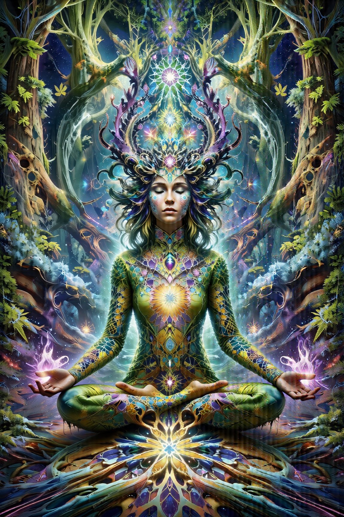 this person sits in a forest and transcends their ego mind and opens up to the spirit realm surrounding them. human in meditation, fractals, vivid color, "Visionary art is art that purports to transcend the physical world and portray a wider vision of awareness including spiritual or mystical themes, or is based in such experiences." , psychedelic visionary art ,animal spirits, ,spirits,spirit guides, , . Shamanic visions , ayahuasca visions . Spirit realm, metaphysical realm, esoteric,style, full body human,medium shot, perfect anatomy , psychedelic landscape surrounding the person , (masterpiece, best quality, ultra-detailed), (perfect hands, perfect anatomy), High detailed, detailed background, anatomically correct, beautiful face, detailed hands, perfect eyes, expressive eyes, score_9, score_8_up, score_7_up, best quality, masterpiece, 4k,visionary art,ULTIMATE LOGO MAKER [XL],bl4ckl1ghtxl, by Jonathan Solter and Fabian Jimenez,ElohProjects, simon haiduk