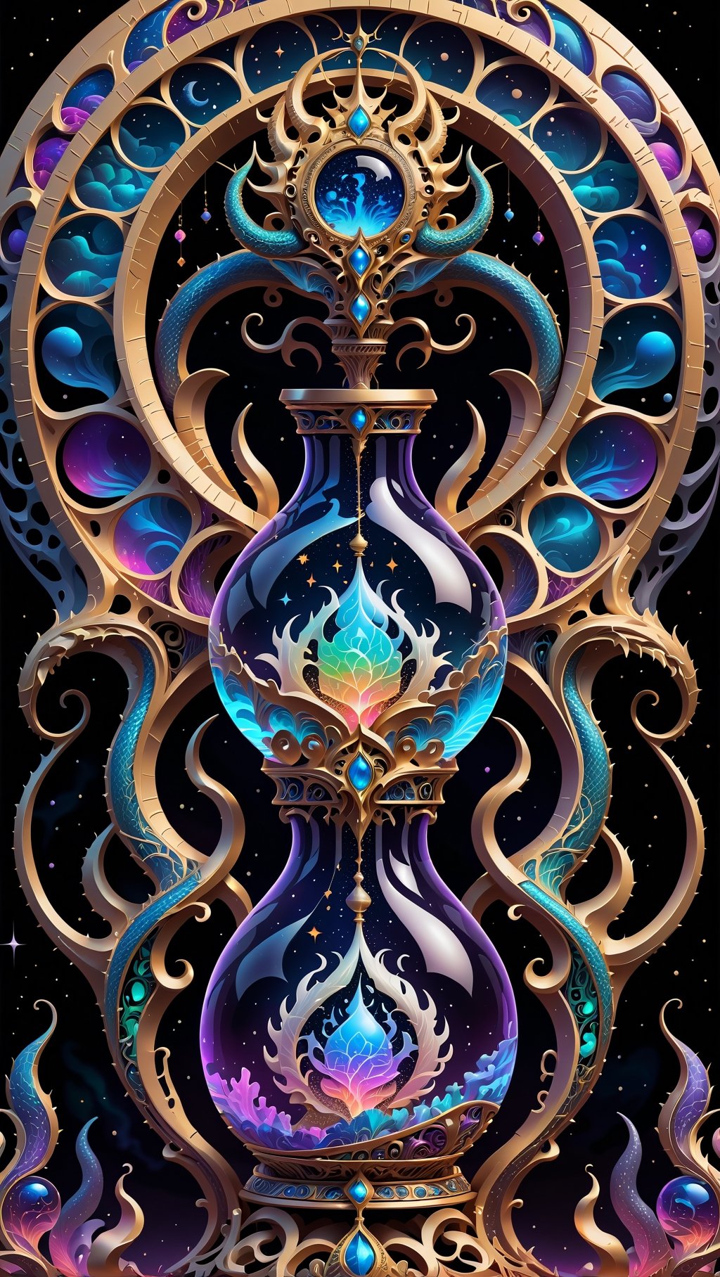 beautiful cosmic dragon that lives in skull of a god, chaos energy that forms a elegant hourglass and balanced scales,dragon , skulls,cosmic, nebulous soliloquy with psychatronic interface with god,transparent caustics,epic composition,universal energy, uv pastel colours, sacred geometry,, uv edges,neon, transparent background,elegant,  is centered with empty space as a boarder, high contrast, ultra detailed, not over complex, hour glass of the universe , scales to weigh souls , trippy, uv, neon. Hourglass of time and space with worlds that tells a story inside, uv highlights, ((psychedelic visionary art style))