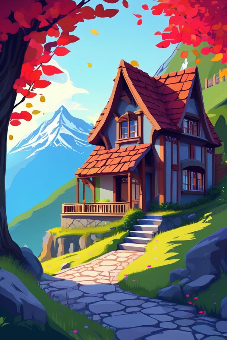 Flat art , 6 colors. Heavy line weight. Illustration scene Beautiful Elven storybook cottage in a Fantasy Elven Village in autumn , mountains and waterfalls in the distance,Cobblestone road,atmospheric sun rays,  colourful,  Renaissance architecture, Lovely, Picturesque,   environment. Simplistic.  Minimalistic.   Spider webs. Vibrant color.  no shading . No highlights . Flat art