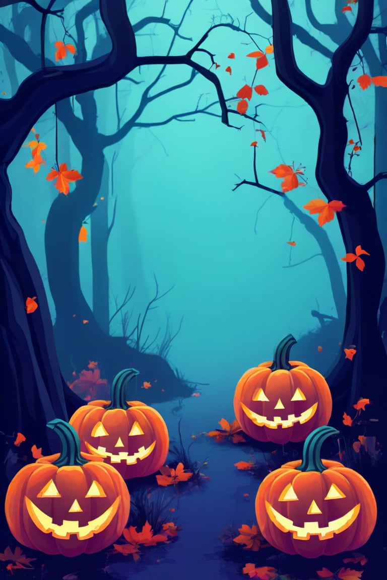 Flat art , 4 colors. Heavy line weight. Illustration scene  of a Halloween spooky forest environment. Simplistic.  Minimalistic.  Cute image. Sfw, pumpkins. Spider webs. Halloween  color palette. Vibrant color. Vector art illustration 