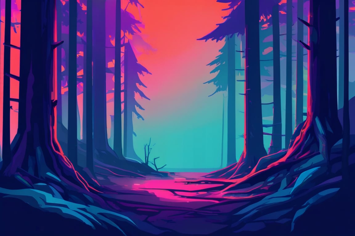 Flat art , 6 colors. Heavy line weight. Illustration scene  of a old growth forest  environment. Simplistic.  Minimalistic.    Vibrant color.  no shading . No highlights . Flat art