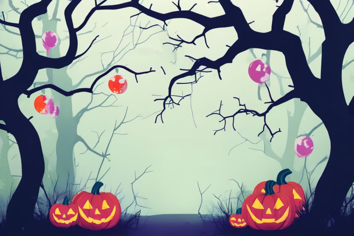 Flat art , 6 colors. Heavy line weight. Illustration scene  of a Halloween themed  environment. Simplistic.  Minimalistic.  Cute image. Sfw, pumpkins. Spider webs. Halloween  color palette. Vibrant color. (Spider webs between some of the trees ) no shading . No highlights . Flat art