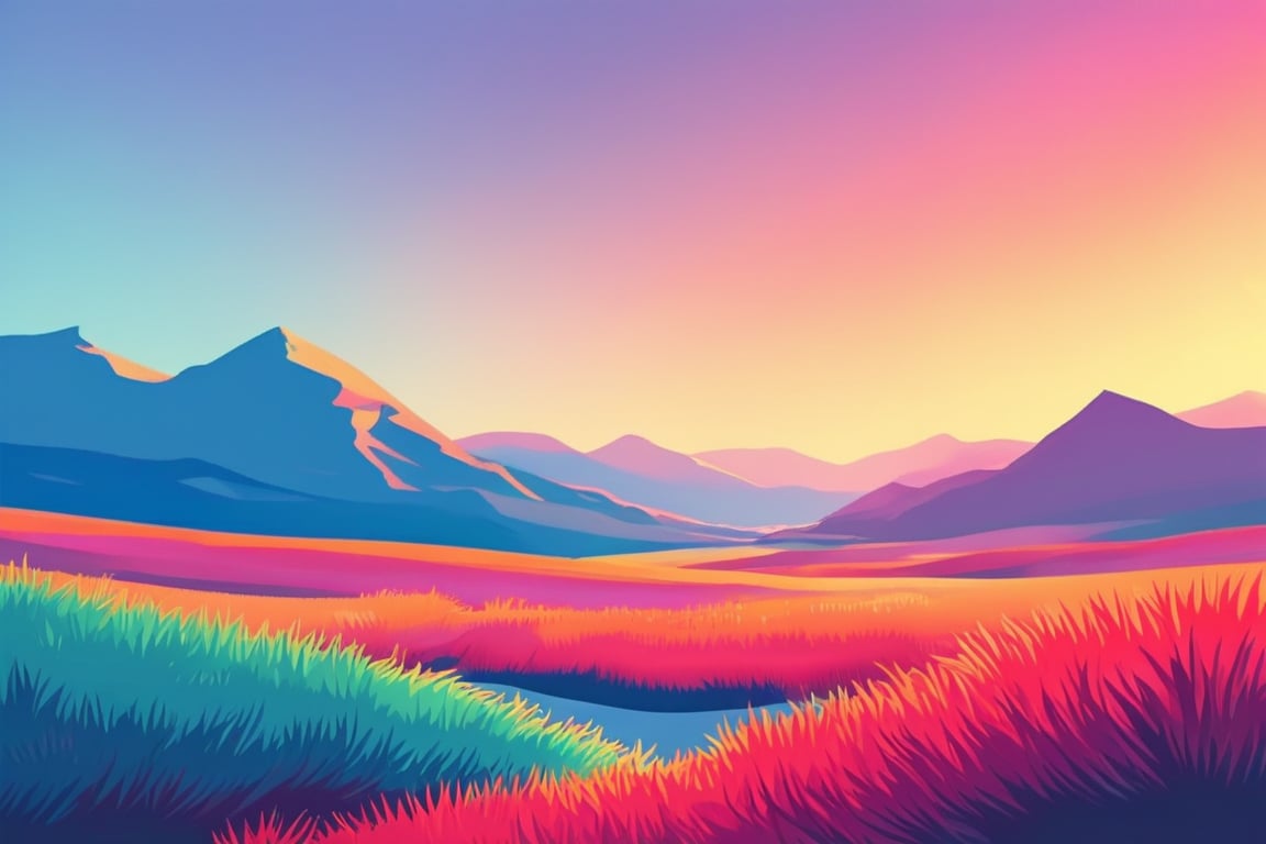 Flat art , 6 colors. Heavy line weight. Illustration scene  of a grassland with mountains in the distance environment. Simplistic.  Minimalistic.  Vibrant color.  no shading . No highlights . Flat art