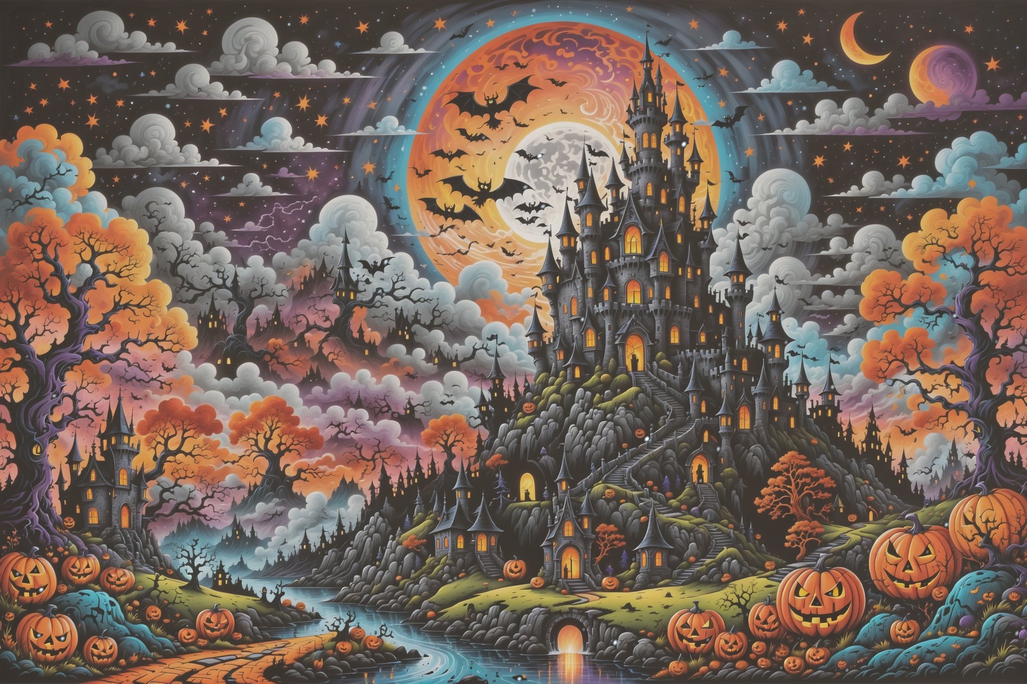 high quality poster design of a Halloween drawing illustration ,fall, beautifully lit,mystical , dynamic sky, intricate details, max details HDR, mysterious figures, intense colors,high quality poster design of a Halloween evil haunted castle. Full moon and stormy sky with lightning and in background. Unreal, funny Abstract doodle style drawing illustration ,ink pen illustration in the style of dan mumford , poster art , in the style of vibrant fantasy landscapes, colored cartoon style, large-scale paintings, dark silver and orange, traditional landscapes, contrasting shadows, detailed ink,colored cartoon style, traditional landscapes,hyper-detailed,illustrations,richly detailed genre paintings,large canvas paintings, cabincore,vibrant neo-traditional, staining,high-contrast shading

 . Spirit realm, metaphysical realm, esoteric,style , psychedelic landscape  , (masterpiece, best quality, ultra-detailed),, High detailed, detailed background, anatomically correct, , score_9, score_8_up, score_7_up, best quality, masterpiece, 4k,visionary art,ULTIMATE LOGO MAKER [XL],bl4ckl1ghtxl,dd4ught3r,Halloween