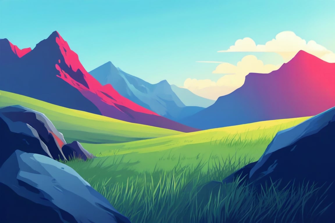 Flat art , 6 colors. Heavy line weight. Illustration scene  of a grassland with mountains in the distance environment. Simplistic.  Minimalistic.    Vibrant color.  no shading . No highlights . Flat art