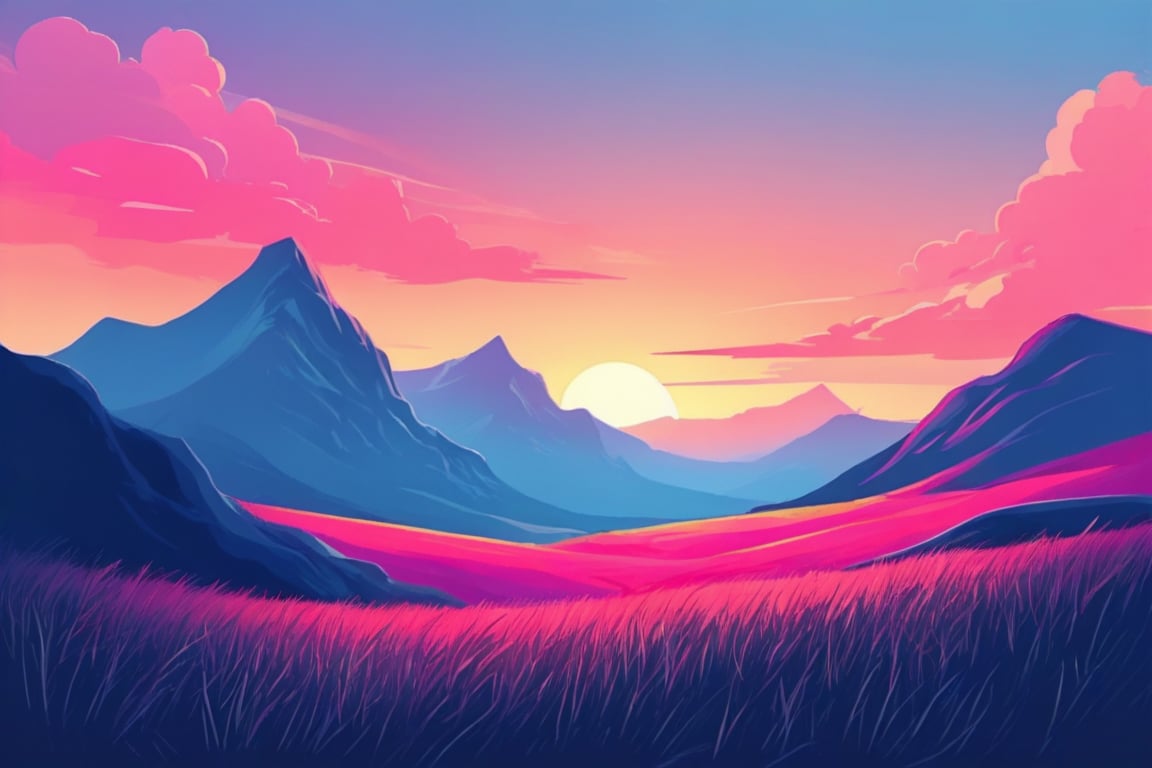 Flat art , 6 colors. Heavy line weight. Illustration scene  of a grassland with mountains in the distance environment. Simplistic.  Minimalistic.    Vibrant color.  no shading . No highlights . Flat art