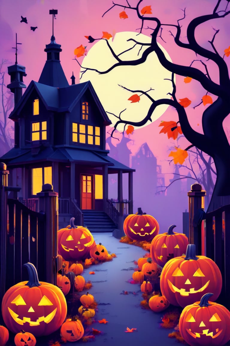 Flat art , 4 colors. Heavy line weight. Illustration scene  of a Halloween village  environment. Simplistic.  Minimalistic.  Cute image. Sfw, pumpkins. Spider webs. Halloween  color palette. Vibrant color. Vector art illustration 