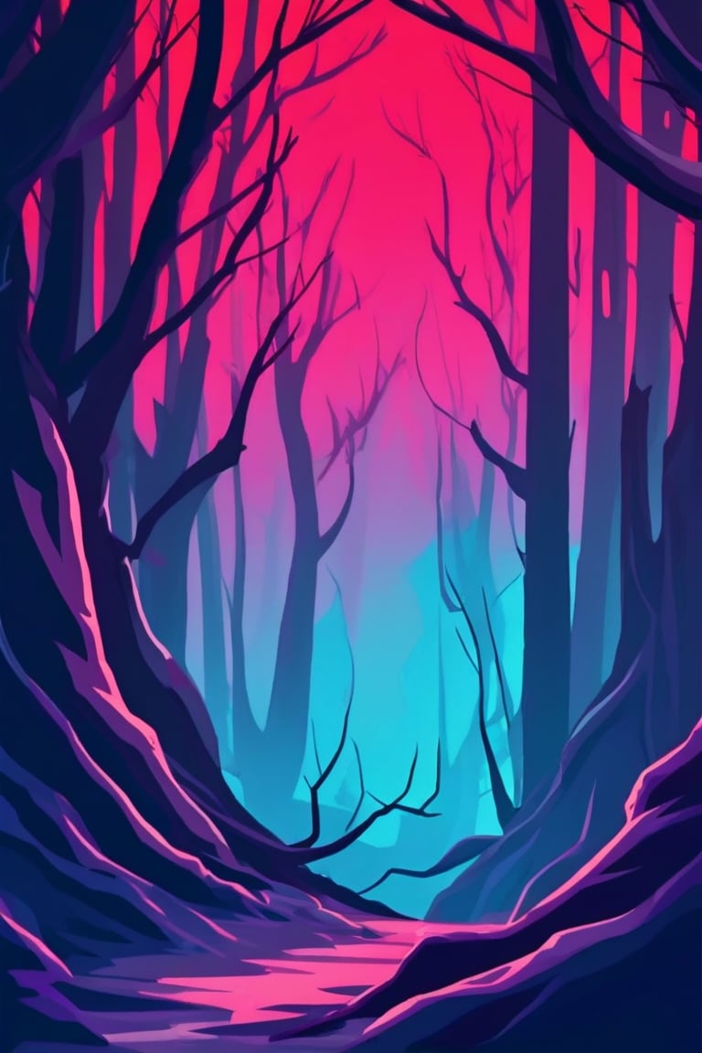 Flat art , 6 colors. Heavy line weight. Illustration scene  of a old growth forest  environment. Simplistic.  Minimalistic.   Spider webs. Vibrant color.  no shading . No highlights . Flat art