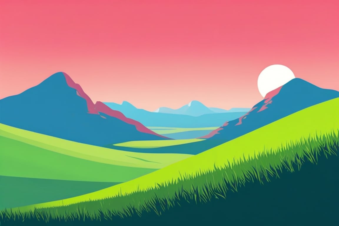 Flat art , 6 colors. Heavy line weight. Illustration scene  of a grassland with mountains in the distance environment. Simplistic.  Minimalistic.  Vibrant color.  no shading . No highlights . Flat art