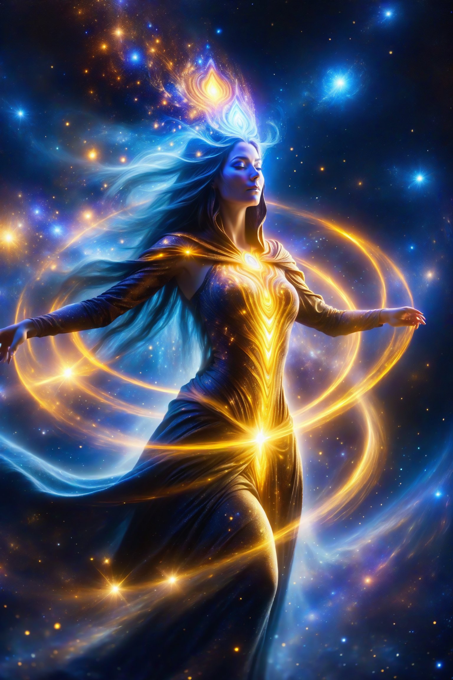 a female space shaman shrouded in cloak of light and stars,galaxy,space,portals,light being,stars,enchanted,fantasy,visionary art