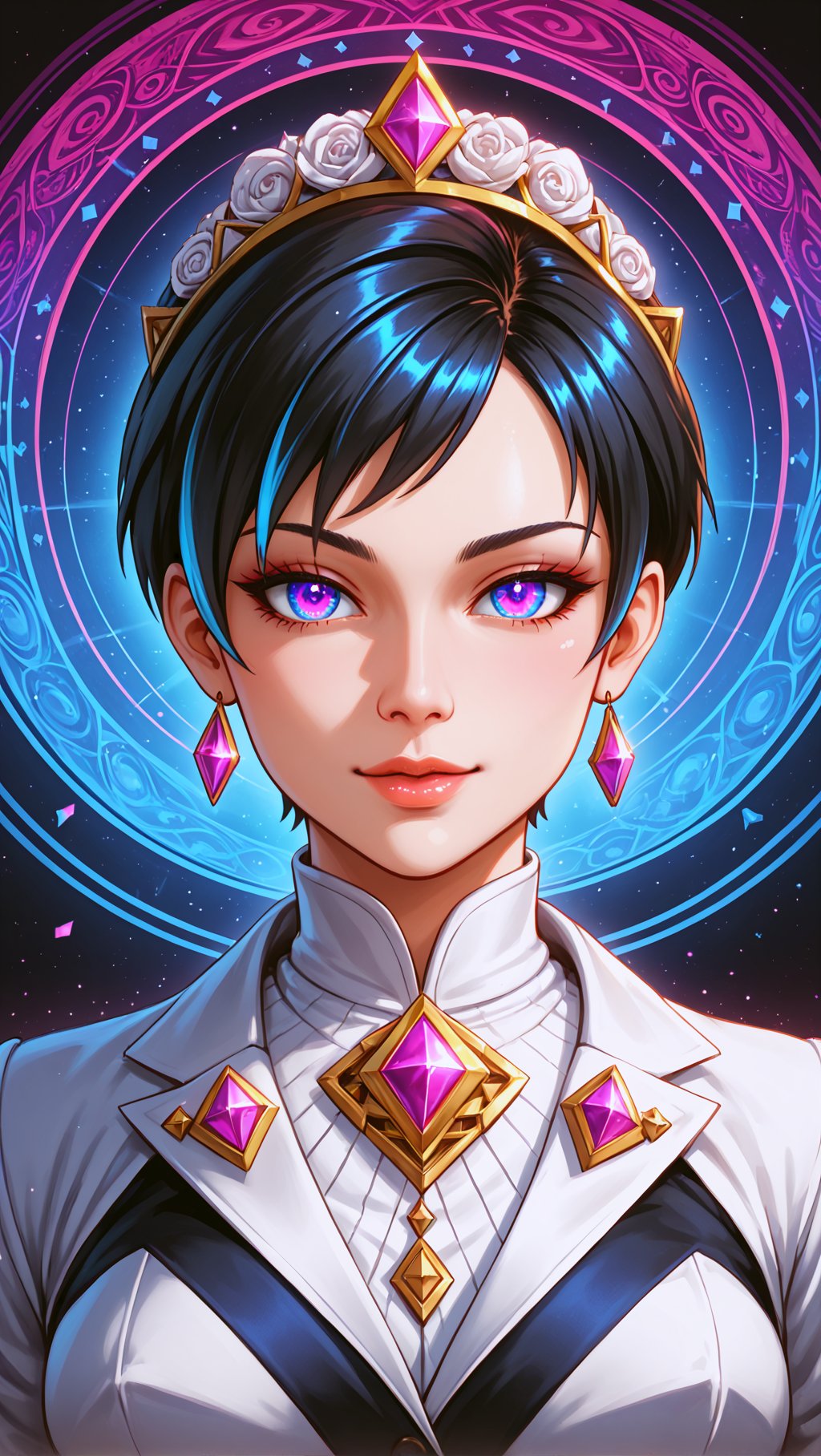 Ancient Elegant astral Goddess of love and magic by Anna Dittmann,and  android jones. Vibrant, visionary art, visionary art,hyper detailed,short pixie hair,short hair, pixie haircut, beautiful intricate detailed garment design,elegant headpiece, perfected facial detail, medium shot, strait forward pose, looking directly into viewer,  detailed eyes, natural lighting, epic composition, dynamic image, with feeling of desire and Majesty, uv color highlights, uv highlights colors, symmetrical image .center composition.symmetrical,over layers of sacred geometry, energy ribbons, psychedelic elements,Geometric Halftone,geometric patterns, sacred geometry,magical energy,visionary,Psychedelic, HDR,HD,sharp focus, ultra detail,high detail, dynamic, epic composition, visionary art ,,uv highlights,neon edges, high detail, ,sharp focus,   hd, rich tones (perfect hands, perfect anatomy), High detailed, detailed background, anatomically correct,
 . Spirit realm, metaphysical realm, esoteric,style , psychedelic landscape  , (masterpiece, best quality, ultra-detailed), (perfect hands, perfect anatomy), High detailed, detailed background, anatomically correct , beautiful face, detailed hands, perfect eyes, expressive eyes, score_9, score_8_up, score_7_up, best quality, masterpiece, 4k,visionary art,ULTIMATE LOGO MAKER [XL],bl4ckl1ghtxl,dd4ught3r,Sexy Girl score_9_up,extremely detailed,concept,Sexy Girl