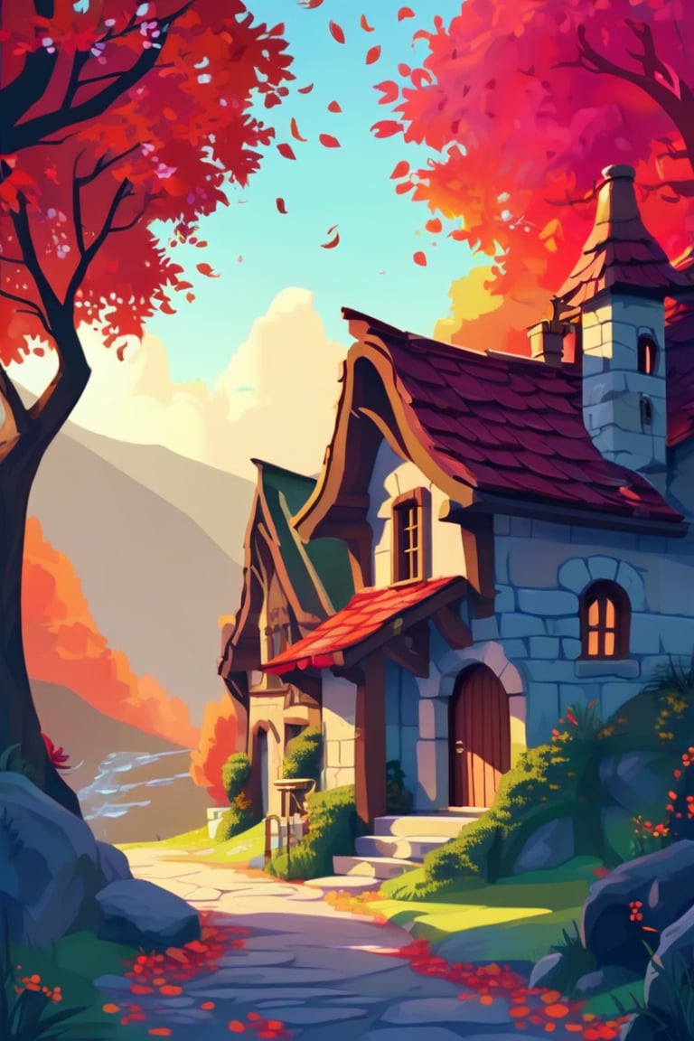 Flat art , 6 colors. Heavy line weight. Illustration scene Beautiful Elven storybook cottage in a Fantasy Elven Village in autumn , mountains and waterfalls in the distance,Cobblestone road,atmospheric sun rays,  colourful,  Renaissance architecture, Lovely, Picturesque,   environment. Simplistic.  Minimalistic.   Spider webs. Vibrant color.  no shading . No highlights . Flat art