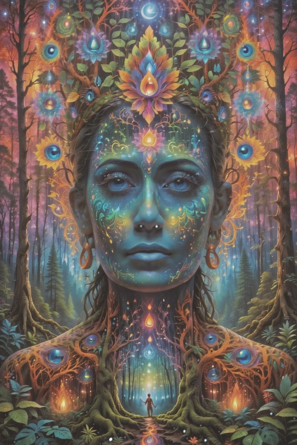 this person sits in a forest and transcends their ego mind and opens up to the spirit realm surrounding them. human in meditation, fractals, vivid color, 
"Visionary art is art that purports to transcend the physical world and portray a wider vision of awareness including spiritual or mystical themes, or is based in such experiences." , psychedelic visionary art ,animal spirits, ,spirits,spirit guides, , . Shamanic visions , ayahuasca visions . Spirit realm, metaphysical realm, esoteric,style, full body human,medium shot, perfect anatomy , psychedelic landscape surrounding the person , (masterpiece, best quality, ultra-detailed), (perfect hands, perfect anatomy), High detailed, detailed background, anatomically correct, beautiful face, detailed hands, perfect eyes, expressive eyes, score_9, score_8_up, score_7_up, best quality, masterpiece, 4k,visionary art,ULTIMATE LOGO MAKER [XL],bl4ckl1ghtxl