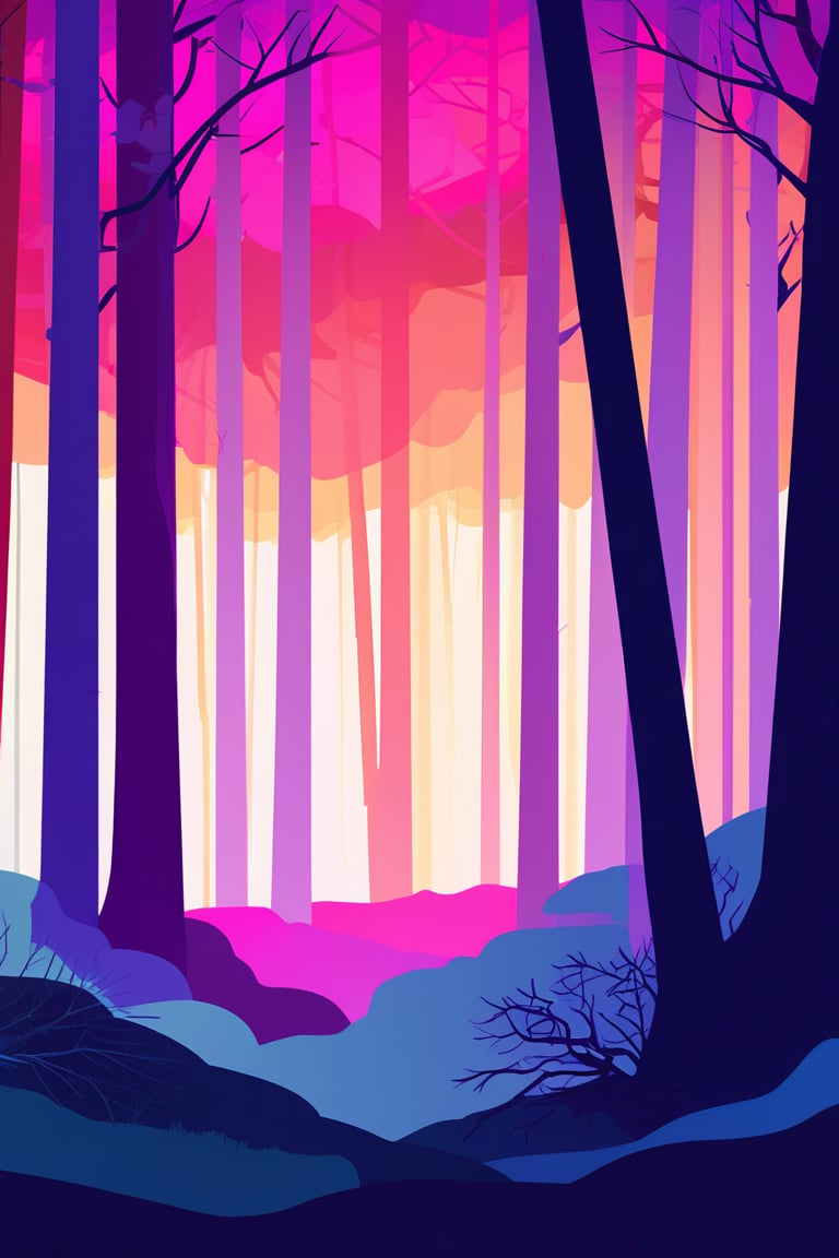 Flat art , 6 colors. Heavy line weight. Illustration scene  of a old growth forest  environment. Simplistic.  Minimalistic.   Spider webs. Vibrant color.  no shading . No highlights . Flat art