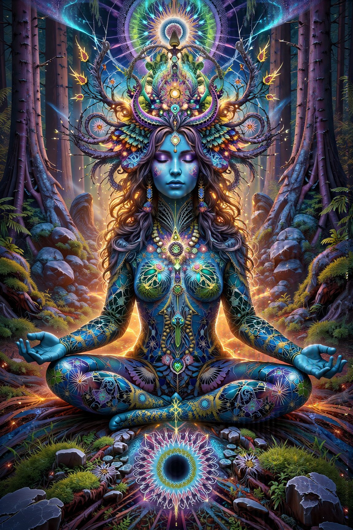 this person sits in a forest and transcends their ego mind  opens up to the spirit realm surrounding them. human in meditation, fractals, vivid color, "Visionary art is art that purports to transcend the physical world and portray a wider vision of awareness including spiritual or mystical themes, or is based in such experiences." , psychedelic visionary art ,animal spirits, ,spirits,spirit guides, . Shamanic visions , ayahuasca visions . Spirit realm, metaphysical realm, esoteric,style, full body human,medium shot, perfect anatomy , psychedelic landscape surrounding the person ,environment over layed with ripples of fractal energy (masterpiece, best quality, ultra-detailed), (perfect hands, perfect anatomy), High detailed, detailed background, anatomically correct, beautiful face, detailed hands, perfect eyes, expressive eyes, score_9, score_8_up, score_7_up, best quality, masterpiece, 4k,visionary art,ULTIMATE LOGO MAKER [XL],bl4ckl1ghtxl, by Jonathan Solter and Fabian Jimenez,ElohProjects, simon haiduk