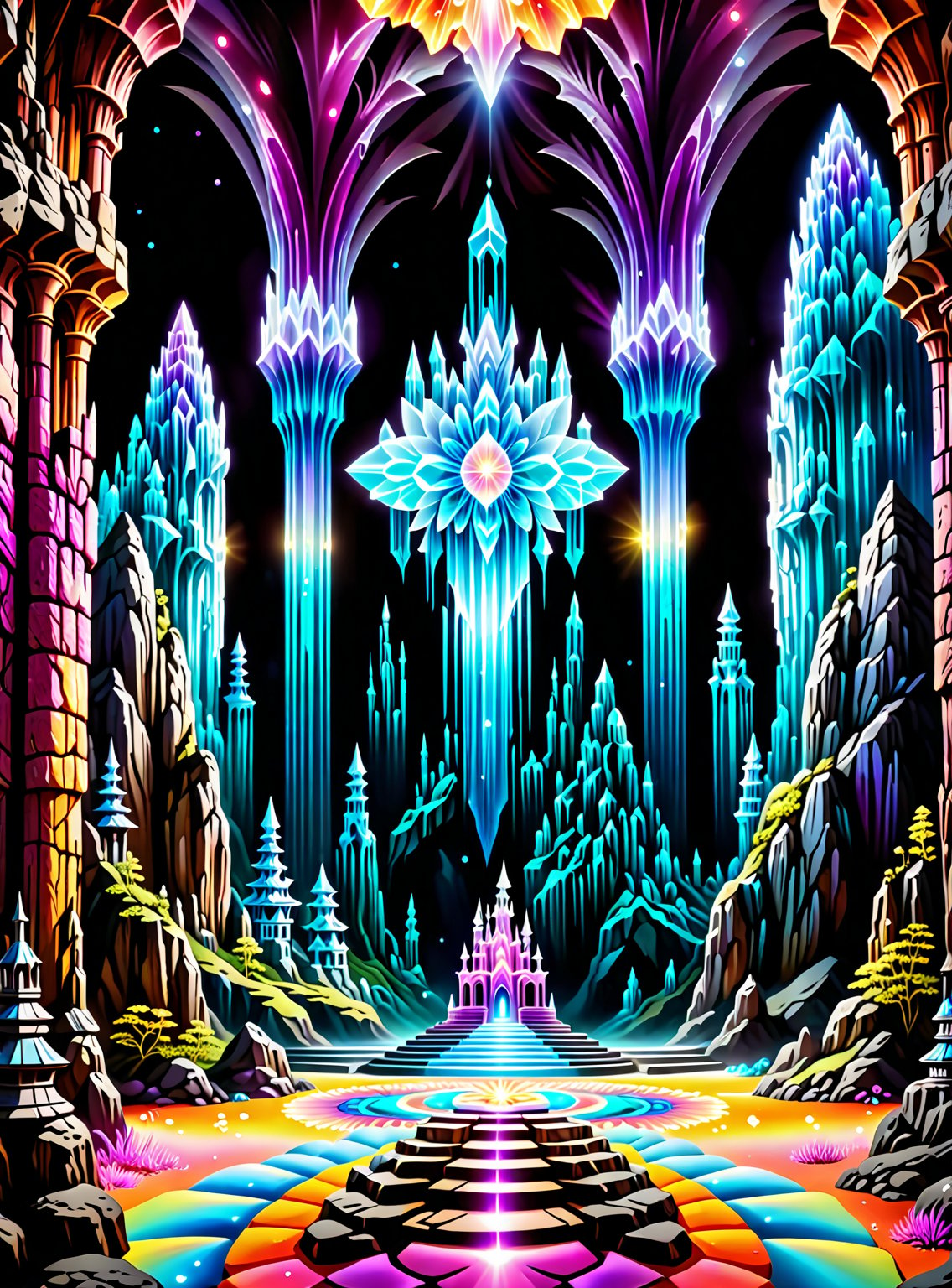 In the center of the cave entrance surrounded by a large crystal formations is a GIANT  CASTLE SPIRIT THAT IS MADE OUT OF SPIRITUAL ENERGY, it is made of translucent light and spiritual energy . A magical land psychedelic landscape wonderland with a  Guardian Spirit to watch over all. Dmt visuals. (visionary art style). ((symmetrical)) , uv, neon., uv highlights 
 fractals, sacred  geometry  and vivid color, (perfect symmetry),
 . Spirit realm, psychedelic landscape  , (masterpiece, best quality, ultra-detailed),, High detailed, detailed background, score_9, score_8_up, score_7_up, best quality, masterpiece,)) 4k,visionary art, everything fits into the image,