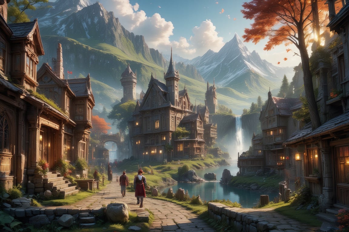  Beautiful Elven university and storybook cottages and shops  in a Fantasy Elven Village in autumn , mountains and waterfalls in the distance,Cobblestone road,atmospheric sun rays, gnomes elf villagers walking around,Trees, Hyperdetailed, colourful, digital Concept art, done on procreate,lightroom, Renaissance architecture, Lovely, Picturesque, Art by Eddie Mendoza, Studio Ghibli, Geometric Jean-baptiste Monge, Ivan Shishkin, Jordan Grimmer, An Jung-Hwan, yoann lossel, marc simonetti, HD, 8k,