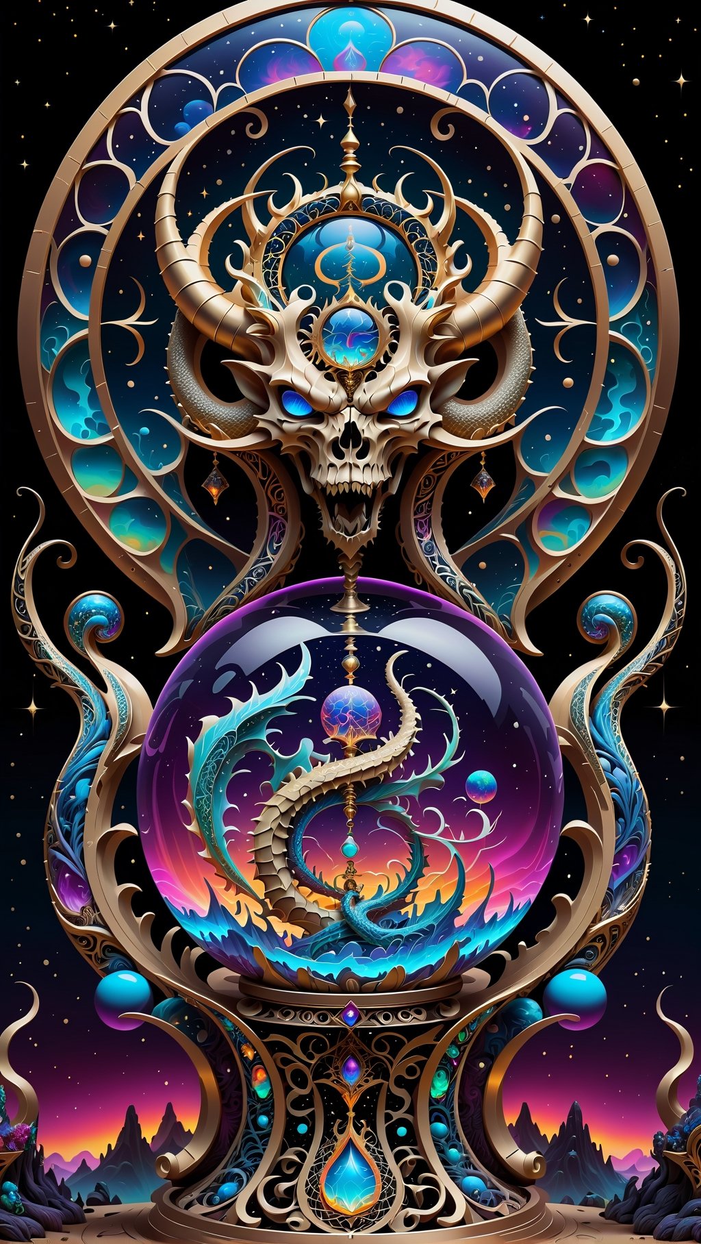 beautiful cosmic dragon that lives in skull of a god, chaos energy that forms a elegant hourglass and balanced scales,dragon , skulls,cosmic, nebulous soliloquy with psychatronic interface with god,transparent caustics,epic composition,universal energy, uv pastel colours, sacred geometry,, uv edges,neon, transparent background,elegant,  is centered with empty space as a boarder, high contrast, ultra detailed, not over complex, hour glass of the universe , scales to weigh souls , trippy, uv, neon. Hourglass of time and space with worlds that tells a story inside, uv highlights, ((psychedelic visionary art style))