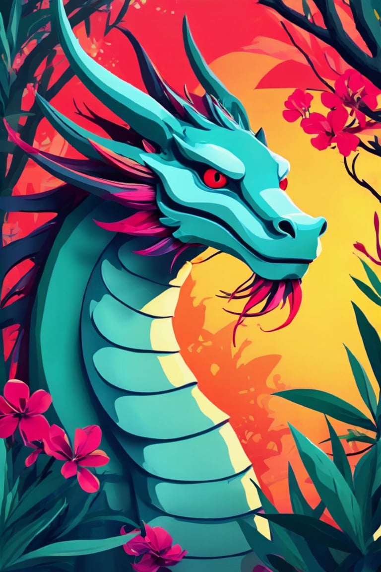 Flat art , 6 colors. Heavy line weight. Illustration scene ,Pop Art Close-up shot of aa chinese dragon  The scene is framed within a out of focus garden background that fades , . Simplistic.  Minimalistic.    Vibrant color.  no shading . No highlights . Flat art