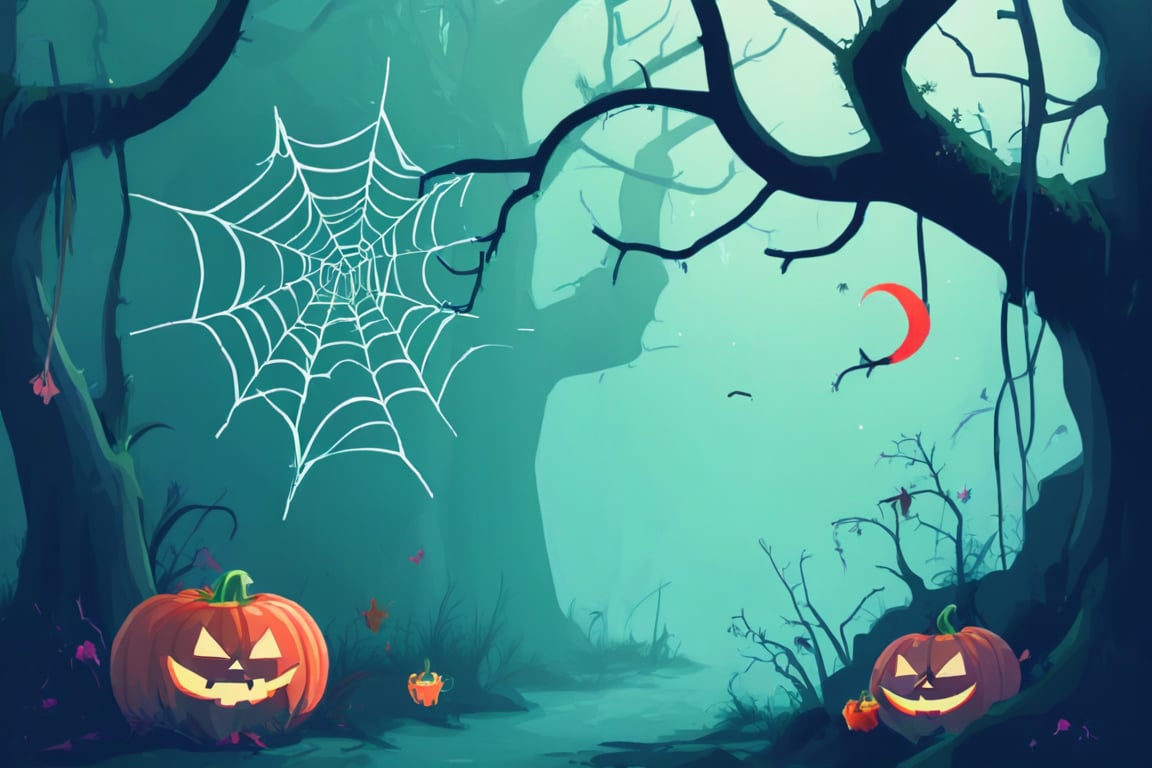 Flat art , 6 colors. Heavy line weight. Illustration scene  of a Halloween themed  environment. Simplistic.  Minimalistic.  Cute image. Sfw, pumpkins. Spider webs. Halloween  color palette. Vibrant color. ( big white Spider web between some of the trees ) no shading . No highlights . Flat art