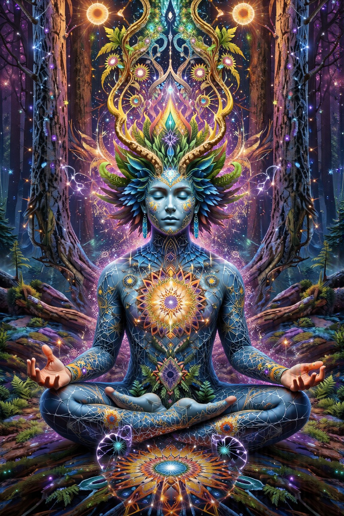  this person sits in a forest and transcends their ego mind opens up to the spirit realm surrounding them. human in meditation, fractals, vivid color, "Visionary art is art that purports to transcend the physical world and portray a wider vision of awareness including spiritual or mystical themes, or is based in such experiences." , psychedelic visionary art ,animal spirits, ,spirits,spirit guides, . Shamanic visions , ayahuasca visions . Spirit realm, metaphysical realm, esoteric,style, full body human,medium shot, perfect anatomy , psychedelic landscape surrounding the person ,environment over layed with ripples of fractal energy (masterpiece, best quality, ultra-detailed), (perfect hands, perfect anatomy), High detailed, detailed background, anatomically correct, beautiful face, detailed hands, perfect eyes, expressive eyes, score_9, score_8_up, score_7_up, best quality, masterpiece, 4k,visionary art,ULTIMATE LOGO MAKER [XL],bl4ckl1ghtxl, by Jonathan Solter and Fabian Jimenez,ElohProjects, simon haiduk