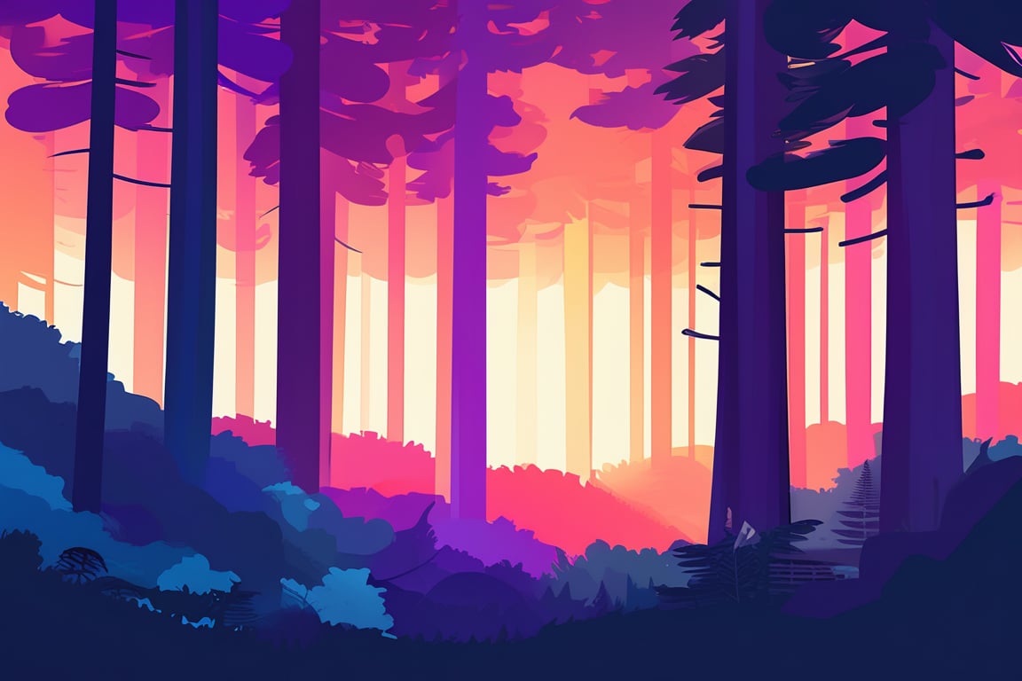 Flat art , 3 colors. Heavy line weight. Illustration scene  of a old growth forest  environment. Simplistic.  Minimalistic.    Vibrant color.  no shading . No highlights . Flat art