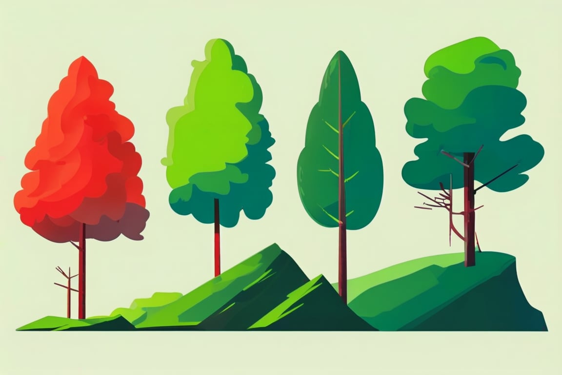 Flat art , 6 colors. Heavy line weight. Illustration scene  of a old growth forest  environment. Simplistic.  Minimalistic.    Vibrant color.  no shading . No highlights . Flat art