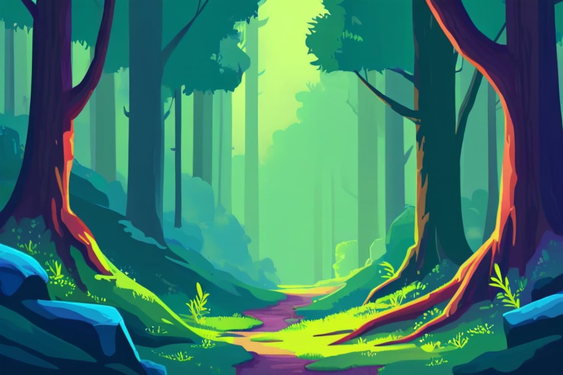 Flat art , 6 colors. Heavy line weight. Illustration scene  of a old growth forest  environment. Simplistic.  Minimalistic.   Vibrant color.  no shading . No highlights . Flat art