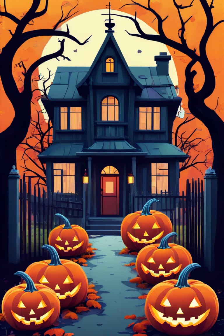 Flat art , 4 colors. Heavy line weight. Illustration scene  of a Halloween village  environment. Simplistic.  Minimalistic.  Cute image. Sfw, pumpkins. Spider webs. Halloween  color palette. Vibrant color. 