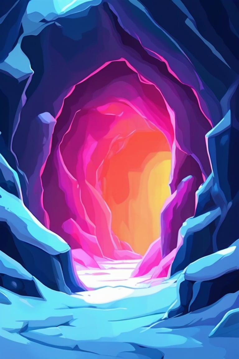 Flat art , 6 colors. Heavy line weight. Illustration scene  of a a crystal cave open up to a snow landscape with a giant portal of transcendent light beaming up into the sky, . Simplistic.  Minimalistic.   Spider webs. Vibrant color.  no shading . No highlights . Flat art