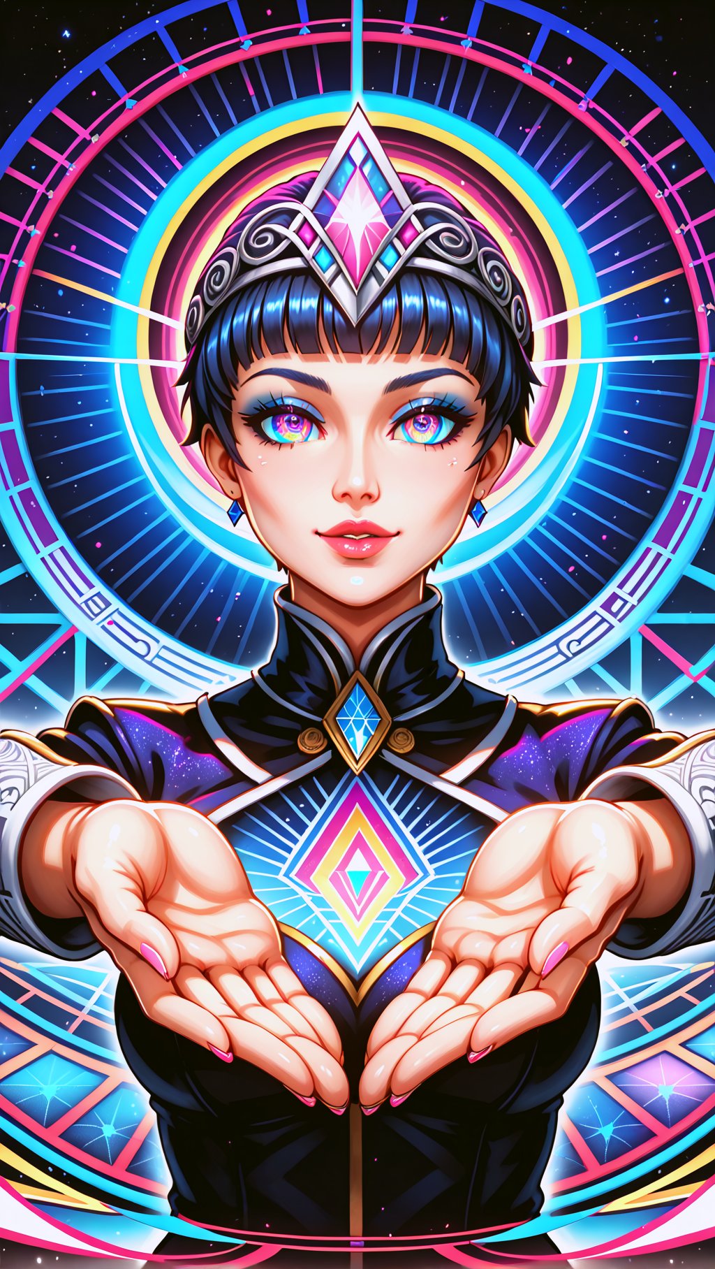 Ancient Elegant astral Goddess of love and magic by Anna Dittmann,and  android jones. Vibrant, visionary art, visionary art,hyper detailed,short pixie hair,short hair, pixie haircut, beautiful intricate detailed garment design,elegant headpiece, perfected facial detail, medium shot, strait forward pose, looking directly into viewer,  detailed eyes, natural lighting, epic composition, dynamic image, with feeling of desire and Majesty, uv color highlights, uv highlights colors, symmetrical image .center composition.symmetrical,over layers of sacred geometry, energy ribbons, psychedelic elements,Geometric Halftone,geometric patterns, sacred geometry,magical energy,visionary,Psychedelic, HDR,HD,sharp focus, ultra detail,high detail, dynamic, epic composition, visionary art ,,uv highlights,neon edges, high detail, ,sharp focus,   hd, rich tones (perfect hands, perfect anatomy), High detailed, detailed background, anatomically correct,
 . Spirit realm, metaphysical realm, esoteric,style , psychedelic landscape  , (masterpiece, best quality, ultra-detailed), (perfect hands, perfect anatomy), High detailed, detailed background, anatomically correct , beautiful face, detailed hands, perfect eyes, expressive eyes, score_9, score_8_up, score_7_up, best quality, masterpiece, 4k,visionary art,ULTIMATE LOGO MAKER [XL],bl4ckl1ghtxl,dd4ught3r,Sexy Girl score_9_up,extremely detailed,concept,Sexy Girl