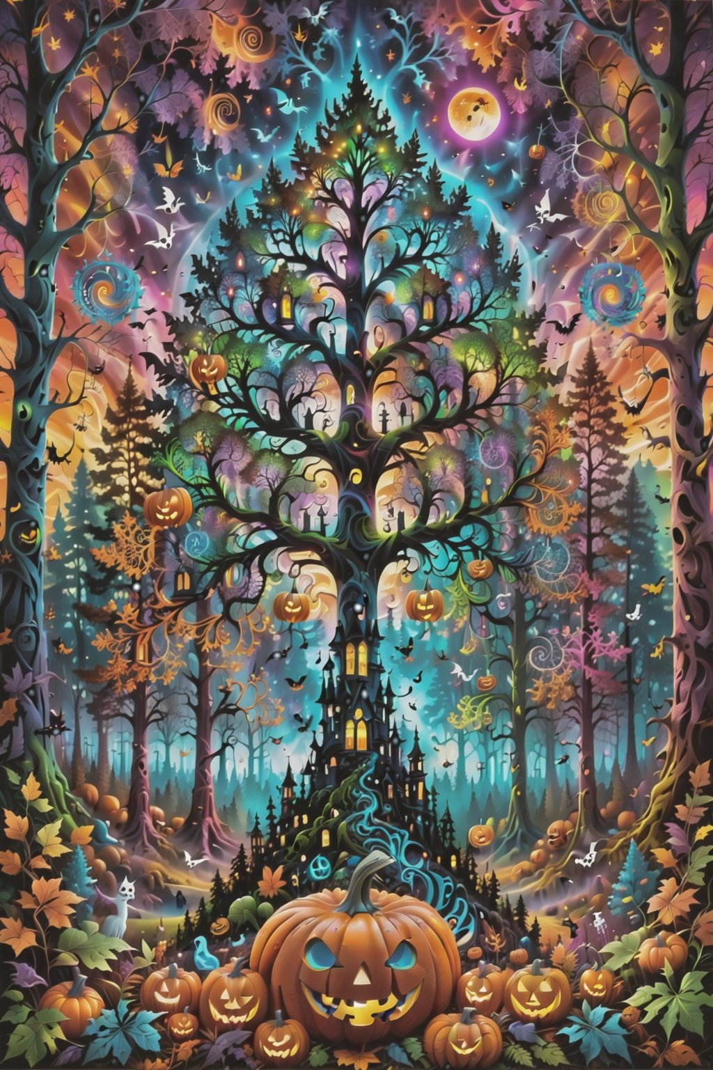 a forest of transcendence that opens up to the surroundings breaking down physical reality into the spirit realm . , fractals, vivid color, 
 . Spirit realm, metaphysical realm, esoteric,style , psychedelic landscape  , (masterpiece, best quality, ultra-detailed), (perfect hands, perfect anatomy), High detailed, detailed background, anatomically correct, , score_9, score_8_up, score_7_up, best quality, masterpiece, 4k,visionary art,ULTIMATE LOGO MAKER [XL],bl4ckl1ghtxl,dd4ught3r,Halloween