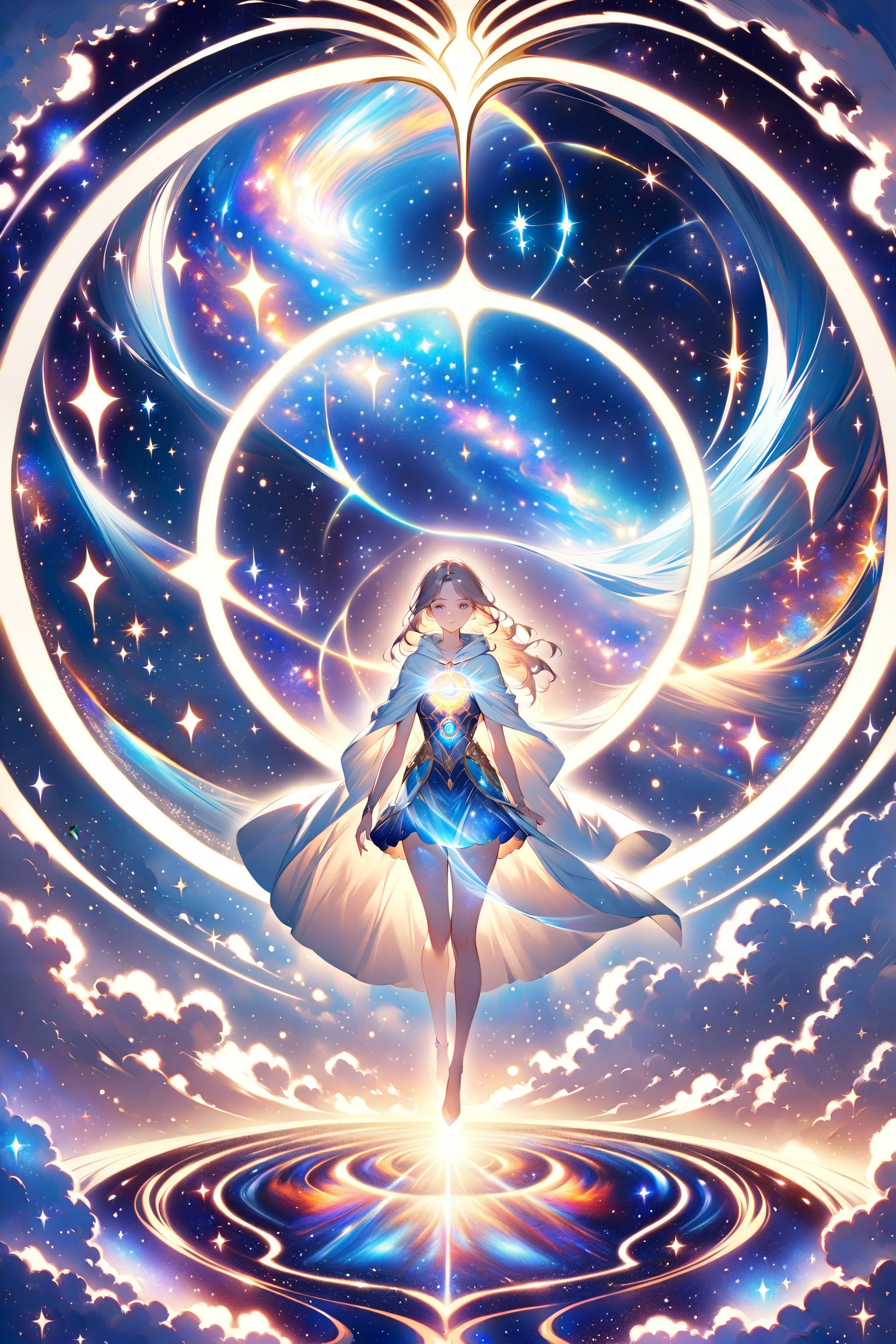 a female space angel shrouded in cloak of light and stars,galaxy,space,portals,light being,stars,enchanted,fantasy,visionary art