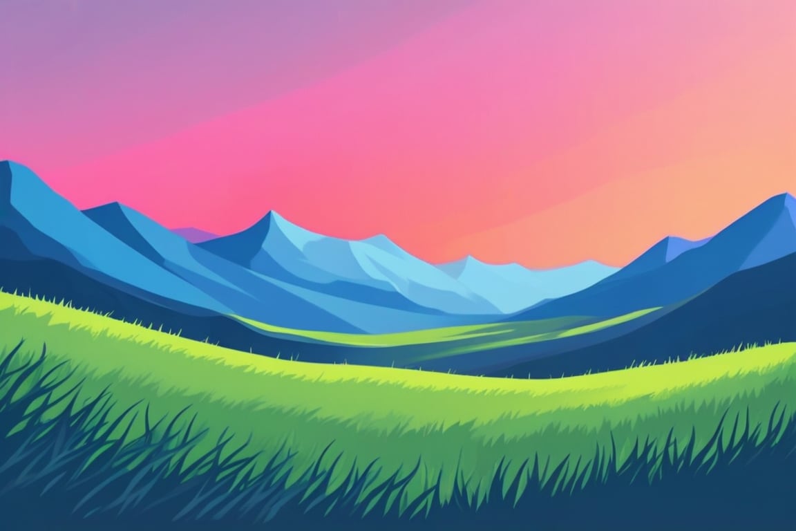 Flat art , 6 colors. Heavy line weight. Illustration scene  of a grassland with mountains in the distance environment. Simplistic.  Minimalistic.  Vibrant color.  no shading . No highlights . Flat art