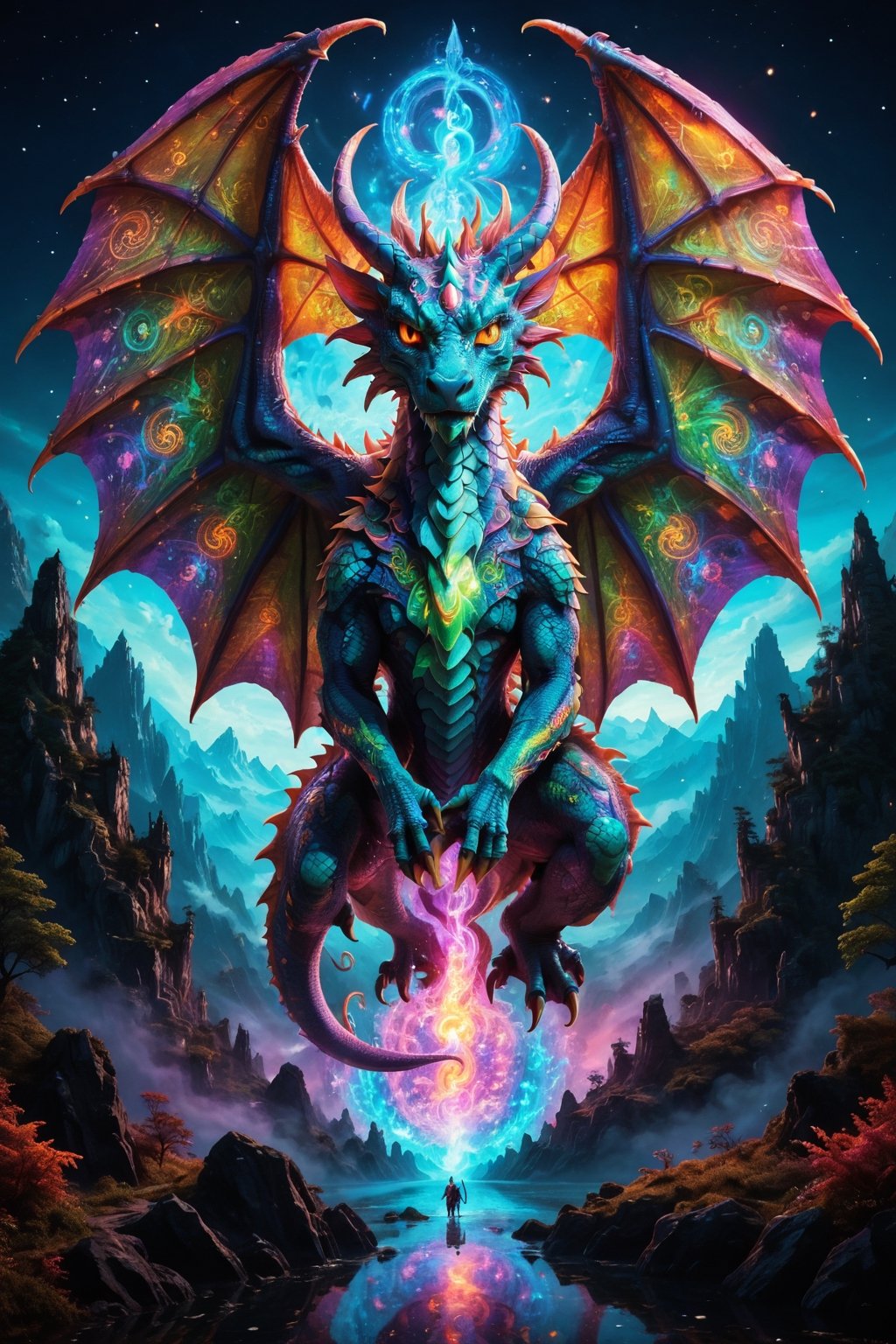 a massive dragon made of light and comsic energy guards the gates to another realm a wanderer stand before the dragon seeking passage , the spirit realm overlays the pysical realtiy  surrounding the wanderer , . , fractals, vivid color, 
"Visionary art style , psychedelic visionary art ,animal spirits, ,spirits,spirit guides,. Shamanic visions ,(the dragons body is not pysical it is transparent light energy )  . Spirit realm, metaphysical realm, esoteric,style, full body human,medium shot, perfect anatomy , psychedelic landscape surrounding the person , (masterpiece, best quality, ultra-detailed), (perfect hands, perfect anatomy), High detailed, detailed background, anatomically correct, beautiful face, detailed hands, perfect eyes, expressive eyes, score_9, score_8_up, score_7_up, best quality, masterpiece, 4k,visionary art,ULTIMATE LOGO MAKER [XL],bl4ckl1ghtxl,visionary art style