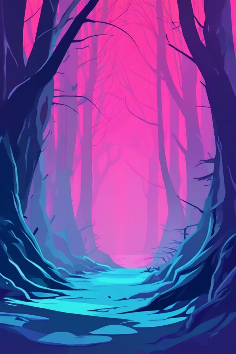 Flat art , 6 colors. Heavy line weight. Illustration scene  of a old growth forest  environment. Simplistic.  Minimalistic.   Spider webs. Vibrant color.  no shading . No highlights . Flat art